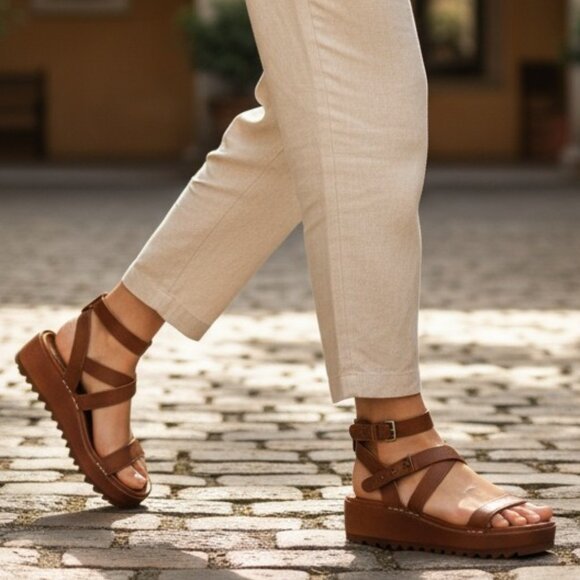 SWEDISH HASBEENS Jesus Ankle Sandals 41 11 Clogs Cognac Leather Strappy RARE - Picture 1 of 15